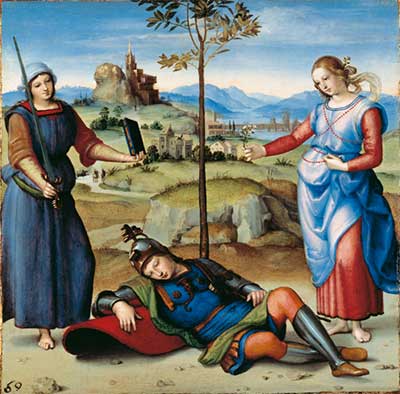 Raffaello, Il sogno di un cavaliere, 1503-1504, Olio su tela, cm 17x17, National Gallery, Londra
