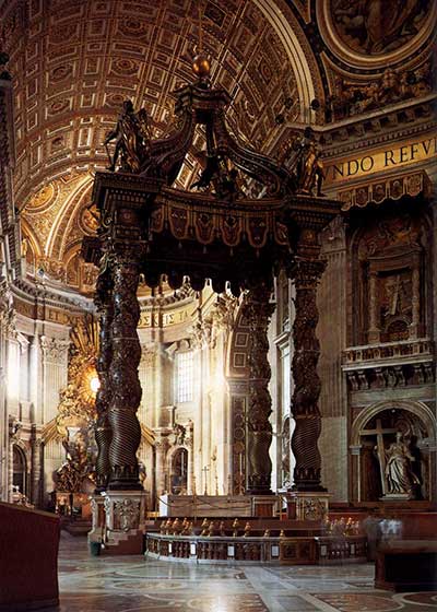 Gian Lorenzo Bernini, Baldacchino di San Pietro, marmi e bronzo dorato, altezza m 28,7, 1624-1633, Basilica di San Pietro in Vaticano