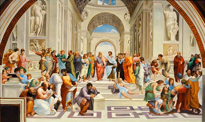 Raffaello, Scuola di Atene, 1510, Stanza della Segnatura (1508-1511), Musei del Vaticano, Città del Vaticano