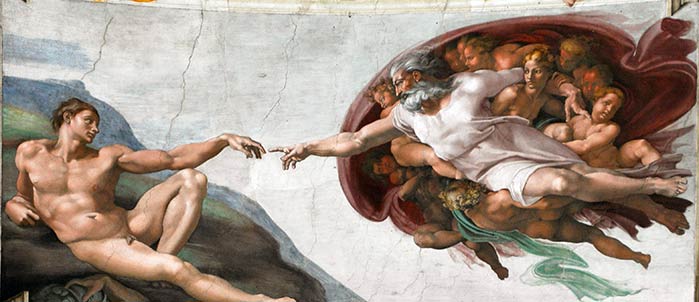 La creazione di Adamo nel celebre affresco di Michelangelo Buonarroti nella Cappella Sistina
