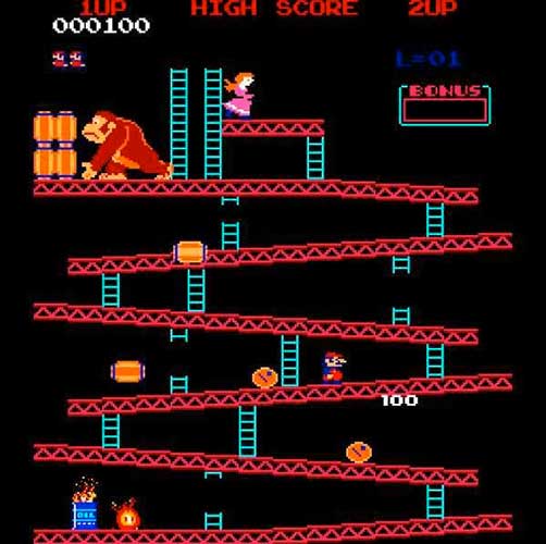La tipica schermata di "Donkey Kong", primo vero e grande successo di Nintendo 