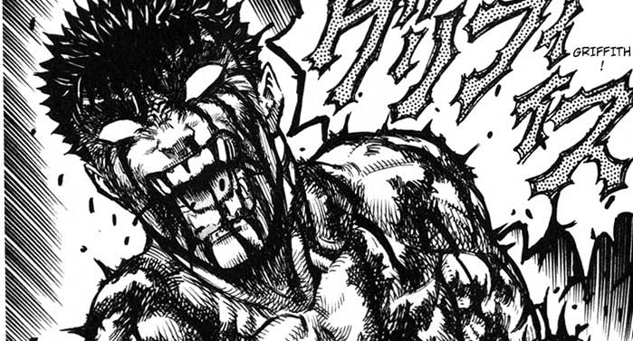 Gatsu in preda all'odio totale dopo aver visto Caska violentata da Griffith