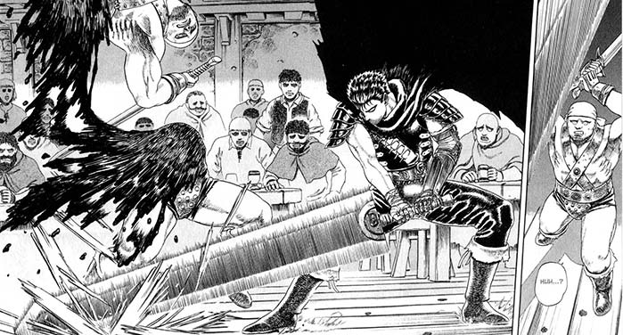 Gatsu taglia senza problemi in due un uomo con un singolo colpo dell'Ammazzadraghi