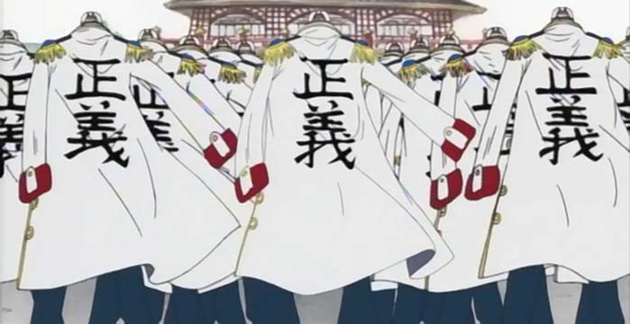 Il kanji "Giustizia" scritto dietro ogni cappotto di ogni ufficiale della Marina
