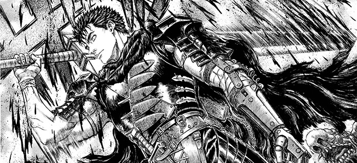 Gatsu e la sua enorme Ammazzadraghi, nell'epica opera fantasy-splatter di Kentaro Miura, "Berserk"