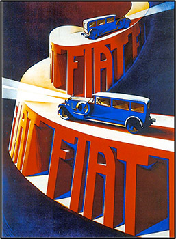 Una FIAT degli anni '20; lo spirito squisitamente futurista è applicato alle arti visive pubblicitarie